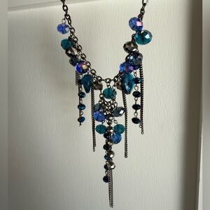 Blue and Silver Beaded Necklace with Chain Accents